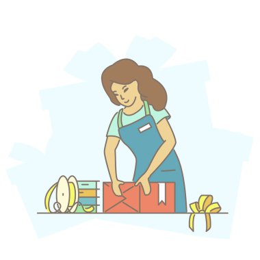 Pozitif gülümseyen kadın kırmızı bir bayram hediyesi paketler. Kurdeleli hediye paketi, iş kıyafetleri giymiş. Web için izole düz illüstrasyon, uygulamalar, makaleler ve beyaz arkaplan üzerindeki el ilanları.