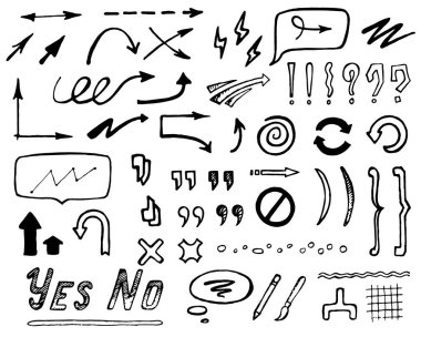 Abstract hand-drawn arrows, punctuation marks and lines for design or funny collage. Isolated set of black doodle decorative elements on white background. clipart