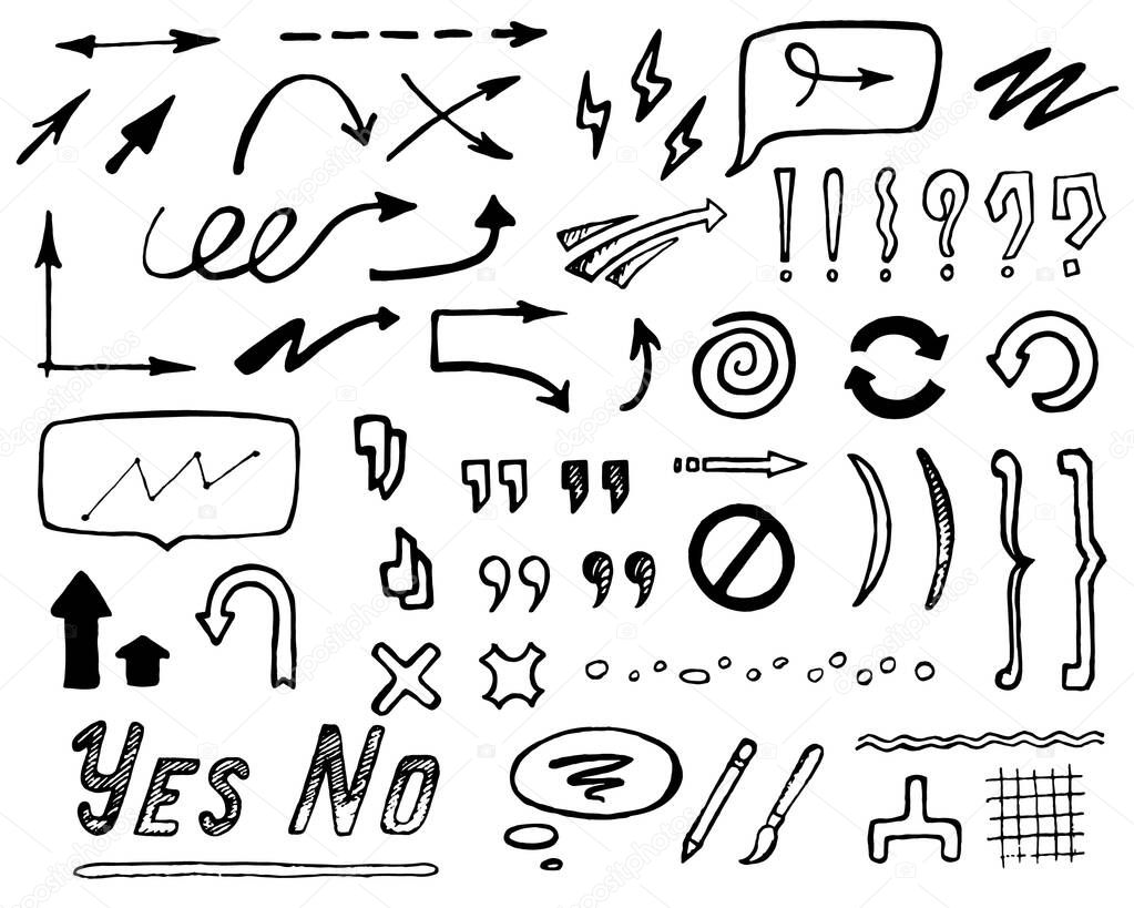 Abstract hand-drawn arrows, punctuation marks and lines for design or funny collage. Isolated set of black doodle decorative elements on white background.