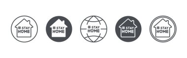 Stay home slogan to prevent the spread of the virus and infection. Quarantine precaution to stay safe from global virus problem. Flat line logos, signs with worldwide quote about corona virus clipart