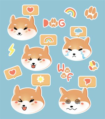 Şirin renkli kawaii akita inu köpekleri rozetler, çıkartmalar ve emojiler için resimleri izole etti. Vektör illüstrasyonu