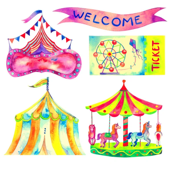 Colorful Park Attraction Set Watercolor Illustration Isolated White — Stock Photo, Image