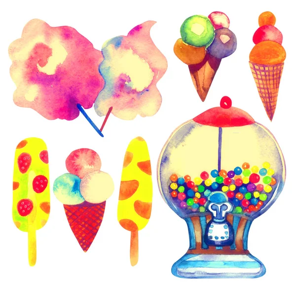 Sweet park foods elements set. Candy machine, cotton candy, ice cream.Watercolor illustration isolated on white