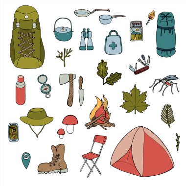 vektör el çizilmiş kamp elementleri beyaz üzerine izole edildi