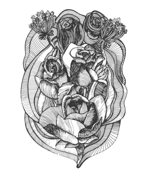 手描きの古いスタイルのバラ 白と黒のベクトル図 — ストックベクタ