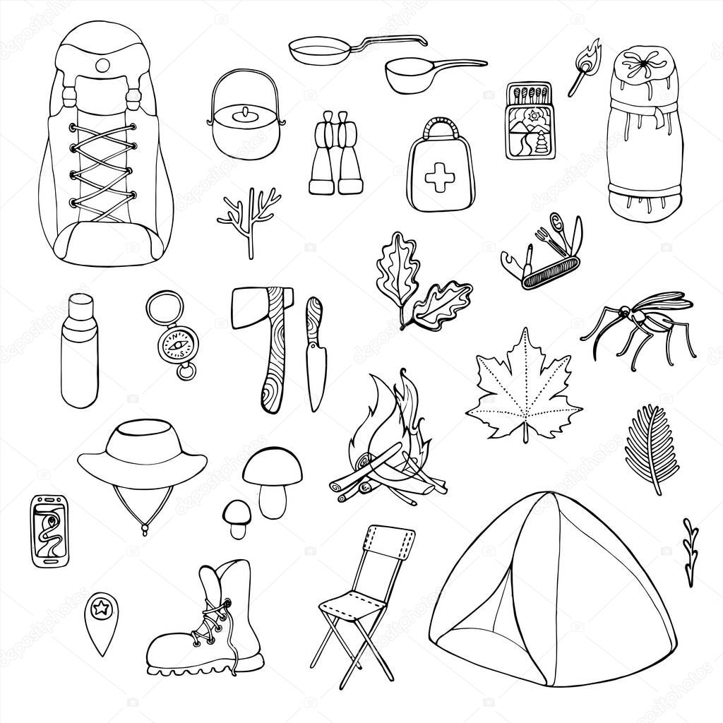 Picnic and camping, travel elements set, travel. Vector line art isolated on white