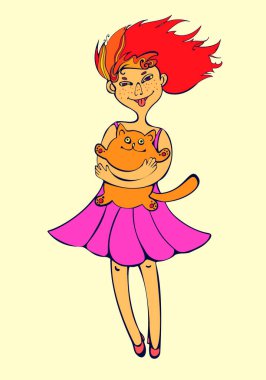 Kızıl saçlı, neşeli, yaramaz kız dilini gösteriyor ve bir kedi tutuyor.