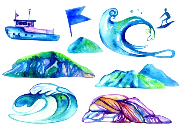 Set Disegnato Mano Sul Mare Nautica Alta Risoluzione 600 Dpi — Foto Stock