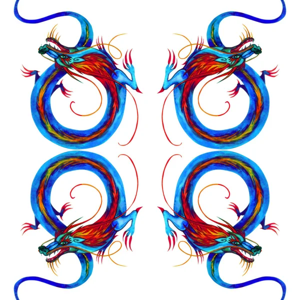 Exotic Asian Blue Dragons Seamless Pattern Isolated White Background Kimono — Stock Photo, Image