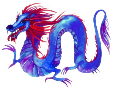 Stilize edilmiş Asyalı mavi ejderha. Baskı için, tişört tasarımı. El çizimi suluboya çizimi beyaza izole edilmiş