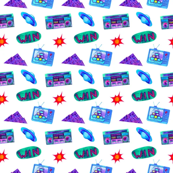 Retro 80s-90s aesthetics style seamless pattern. Hand drawn illustration isolated on white. For textile design