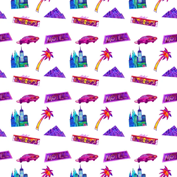 Retro 80s-90s aesthetics style seamless pattern. Hand drawn illustration isolated on white. For textile design