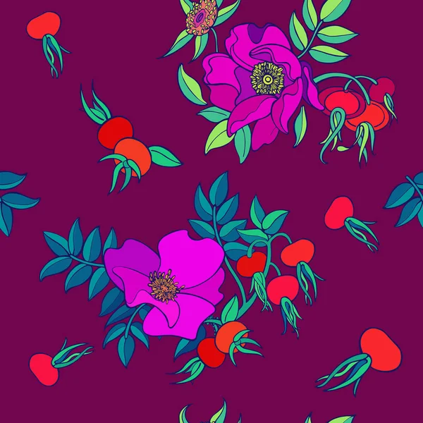 Nahtloses Muster Wilder Hagebuttenblüten Und Beeren Vektorillustration Textildesign — Stockvektor