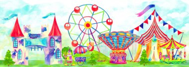 Eğlenceli panorama. Lunapark afişi. Sirk, karnaval teması. Dönme dolap, adil sürüş, atlı karıncalar, cazibe, palyaçolar ve diğerleri. Tatlı renkli el çizimi suluboya çizimi