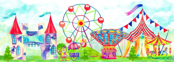 Fun fair panorama. Amusement park banner. Circus, carnival theme. Ferris wheel, fair ride, carousels, attraction, clowns and other. Cute colorful hand drawn watercolor illustration