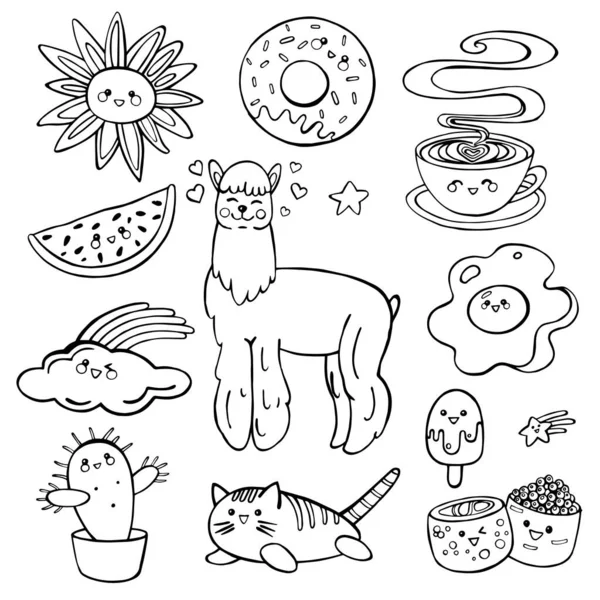 Leuke Kawaii Stijl Doodle Hand Getekend Contour Zwarte Collectie Set — Stockvector