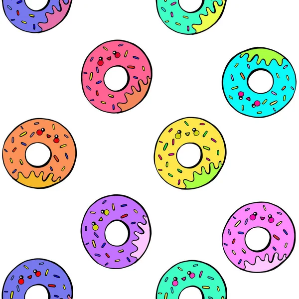 Кавайи Пончики Бесшовный Шаблон Векторная Иллюстрация Изолирована Белом Фоне Дизайна — стоковый вектор