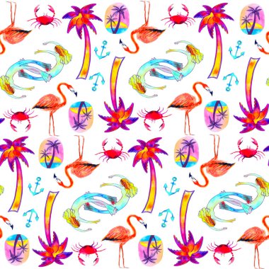 Parlak el çizimi plaj elementleriyle renksiz yaz şablonu. Tropikal arka plan. Moda baskı tasarımı. Suluboya çizimi beyaza izole edilmiş. Arkaplanı istediğiniz renge çevirebilirsiniz