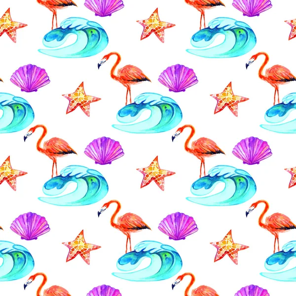 Buntes Nahtloses Sommermuster Mit Rosa Flamingo Tropischer Hintergrund Modedesign Aquarell — Stockfoto