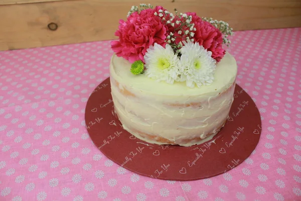 Delicioso Pastel Decorado Con Flores Elementos Florales — Foto de Stock