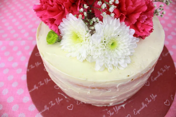 Delicioso Pastel Decorado Con Flores Elementos Florales — Foto de Stock