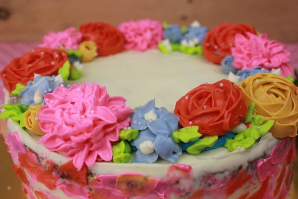 Delicioso Pastel Decorado Con Flores Elementos Florales — Foto de Stock