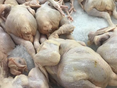 Buzlu taze tavuk pazarda satılmak üzere süslenir.