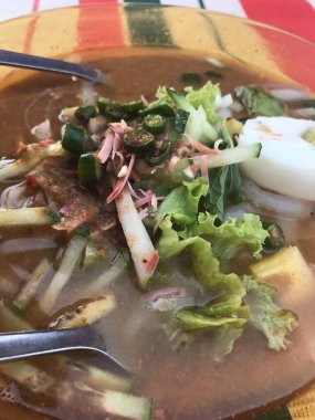 Erişteli, sebzeli ve yumurtalı Asya çorbası, yakın çekim manzaralı.