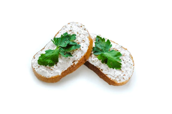 Paté blanco untado en dos rebanadas de pan . —  Fotos de Stock