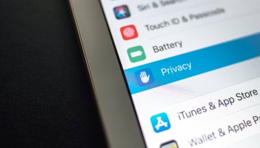  iPhone arayüzü ve gizlilik bölümü ekranda.