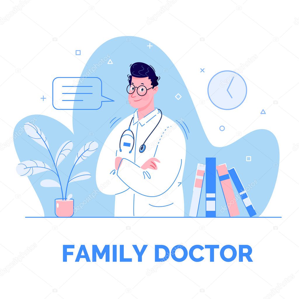 Family doctor vector template. Brochure design, cover, poster layout, flyer for advertising medical services, information for patients.