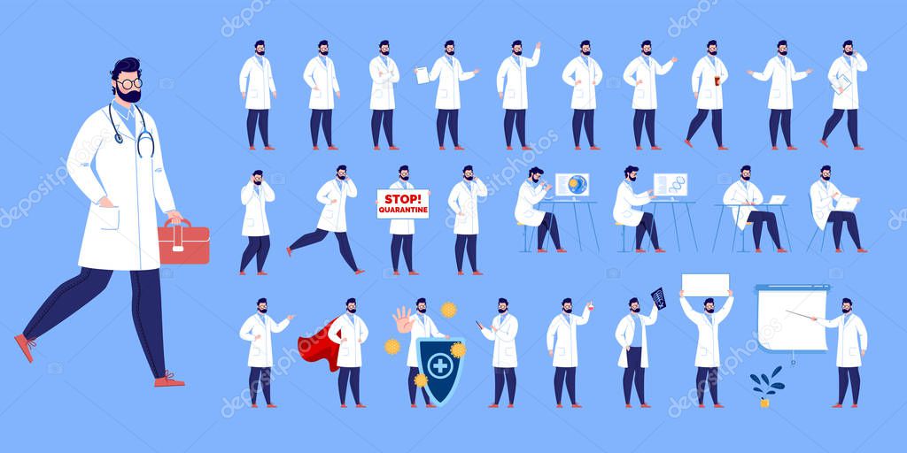 Doctor character creation set with various poses and gestures. Isolated. Male doctor.