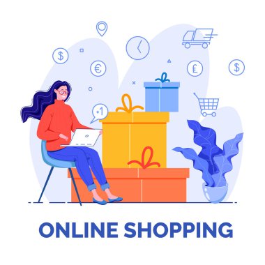 Vektör illüstrasyon, çevrimiçi servis kavramı. Kucağında dizüstü bilgisayarı olan güzel bir kadın kutuların arkasındaki çevrimiçi mağazadan alışveriş yapıyor..