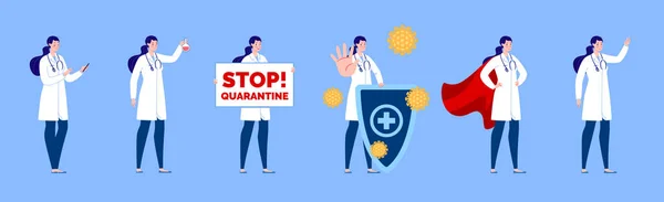 Doktor karakteri değişik pozlar ve jestlerle oluşturuldu. İzole edilmiş. Kadın doktor..