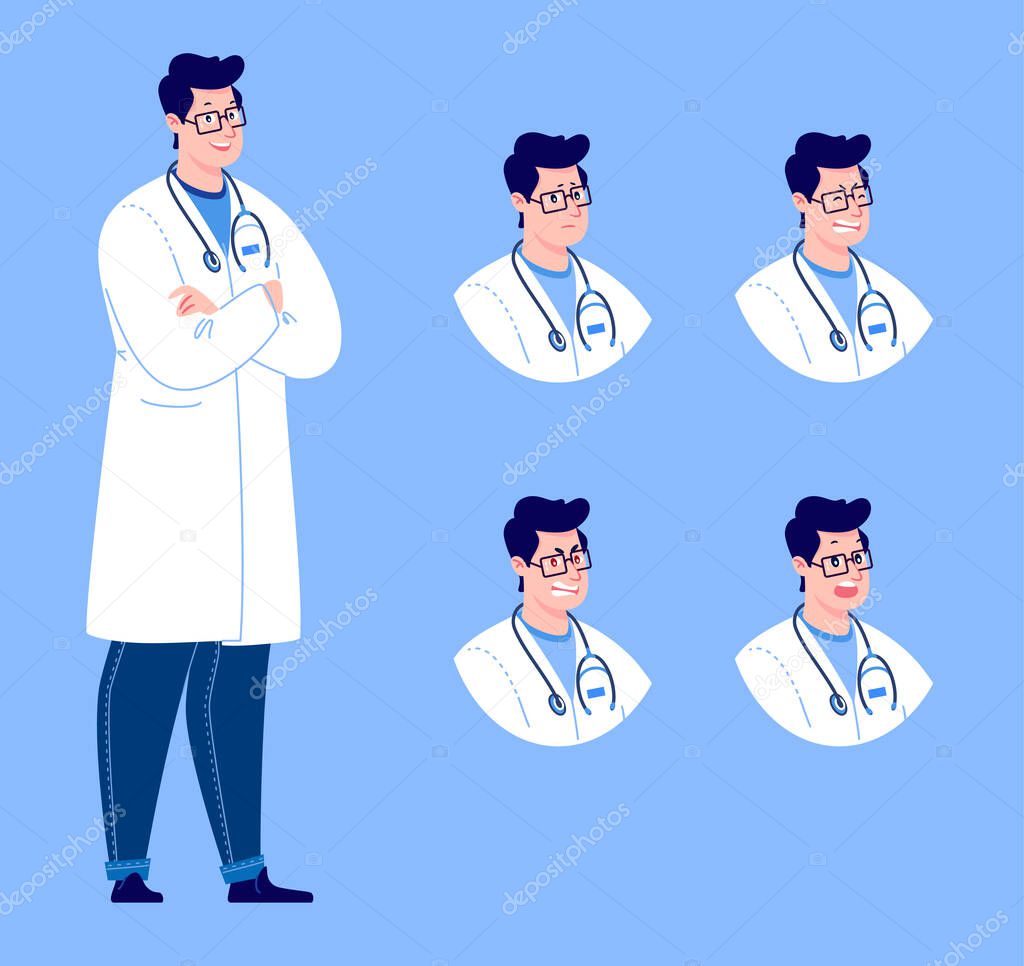 Doctor character creation set with various emotions. Isolated. Male doctor.