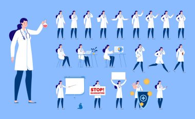 Çeşitli pozları ve yüz ifadeleri olan bir doktorun karakteri. İzole edilmiş. Kadın doktor.