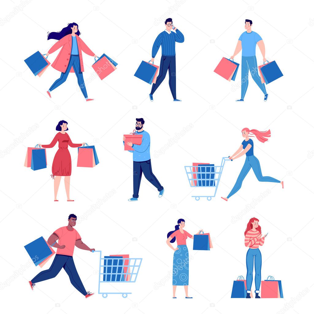 Set of people shopping. People with packages and shopping. Men and women, vanity, sale. Vector. Illustration in a flat cartoon style.