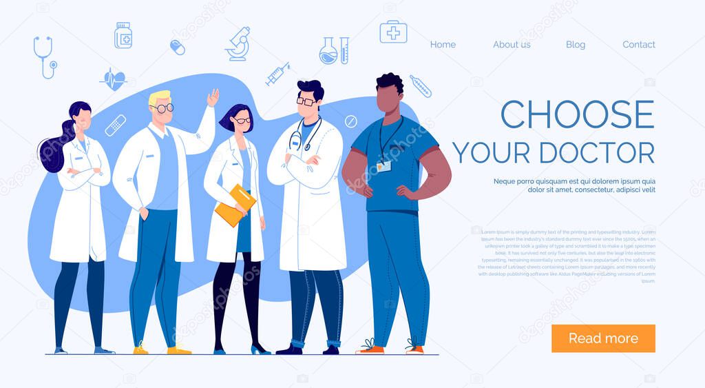 A team of doctors on a template for a website or landing page.