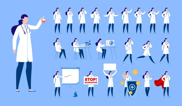 Doktor karakteri değişik pozlar ve jestlerle oluşturuldu. İzole edilmiş. Kadın doktor..