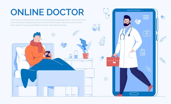 Telefonvideosamtal Till Doktorn Genom Applikationen Smartphone Online Medical Advice Concept — Stock vektor