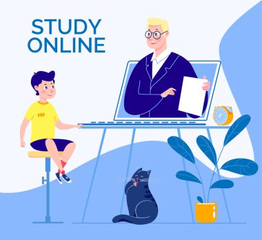 Uzaklık kavramı ya da çevrimiçi öğrenme, öğretmen ve öğrenci bilgi teknolojisi kullanarak uzaktan etkileşim kurarlar. Çocuk bir video kaydında ya da canlı yayında dersler izliyor.
