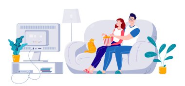 Aile televizyon izler. Vektör. Düz mul biçim illüstrasyonu