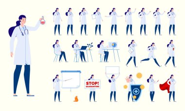 Çeşitli pozları ve yüz ifadeleri olan bir doktorun karakteri. İzole edilmiş. Kadın doktor.