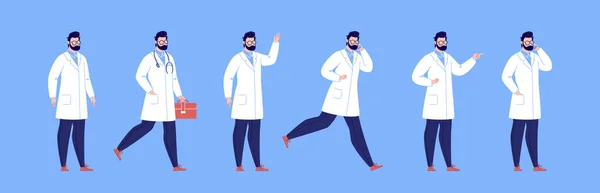 Doctor Varias Poses Juego Diseño Personajes Ilustración Vectorial Estilo Plano — Vector de stock