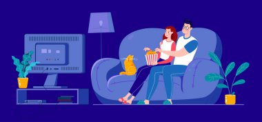 Evli bir çift büyük ekranda film izliyor, karanlık bir odada evdeki bir kanepede oturuyor. Aile televizyon izler. Vektör. Düz stil katır çizimi.