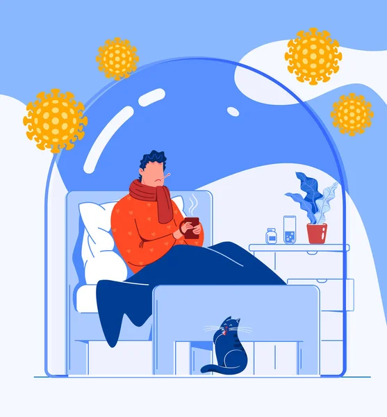 インフルエンザ患者は 温度計と紅茶のマグカップ付きの毛布の下にベッドの中にあります コロノウイルスのパンデミックにおける自己分離の概念 — ストックベクタ
