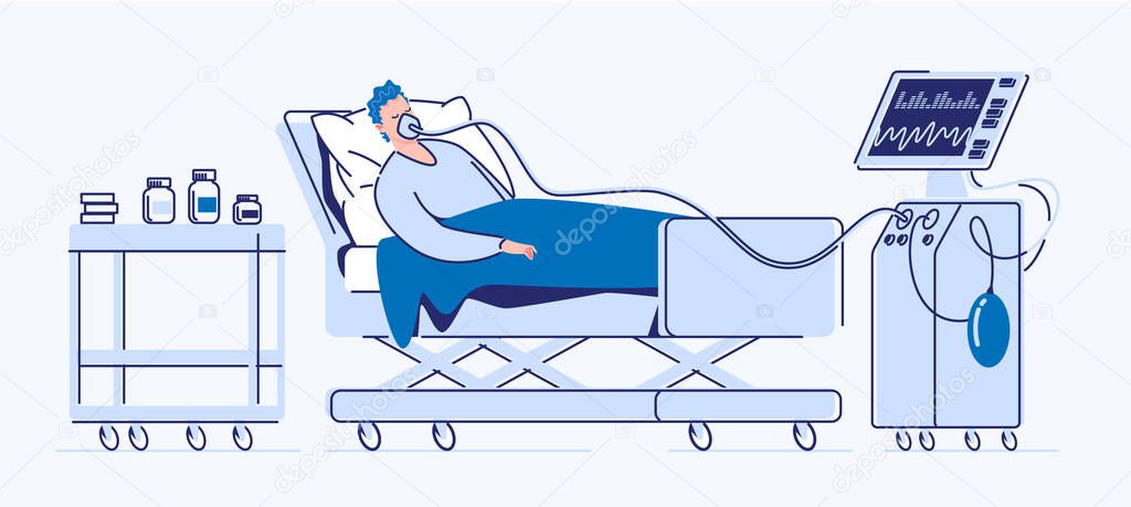 Intensive care of a seriously ill patient. A sick man lies in a medical bed on artificial lung ventilation. Vector. Illustration. Flat style