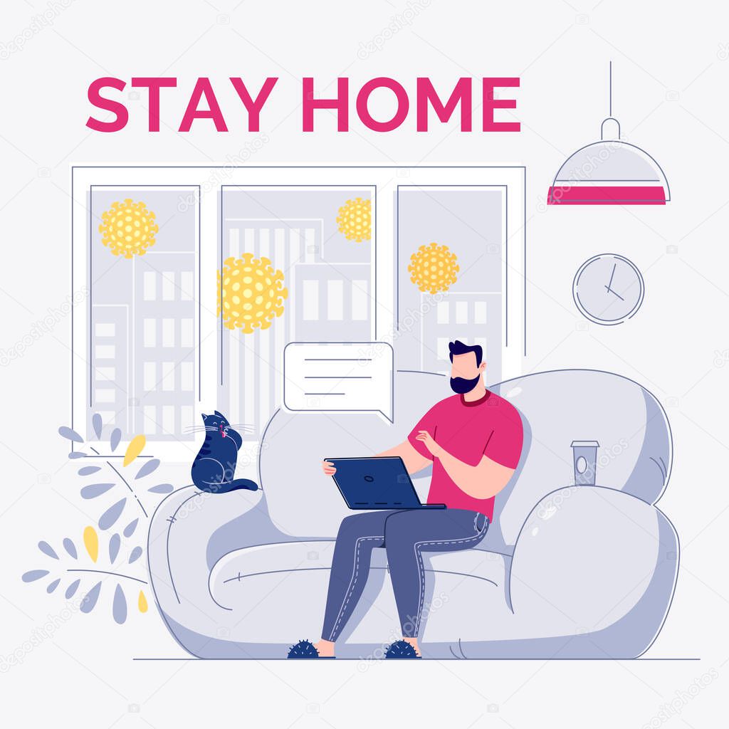 A freelance employee works at home at a quiet pace, at a convenient time. Character young modern man sitting on a sofa working or talking on a laptop in a comfortable environment. At home during quarantine on self-isolation. Vector flat cartoon style