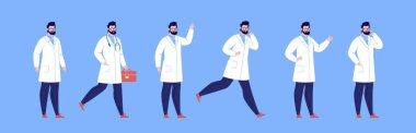 Doktor karakteri değişik pozlar ve jestlerle oluşturuldu. İzole edilmiş. Erkek doktor..