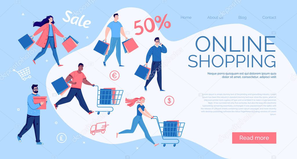 Landing page design. Online shopping concept. People with packages and shopping. Men and women scurry about during a sale. Vector. Illustration in a flat cartoon style.